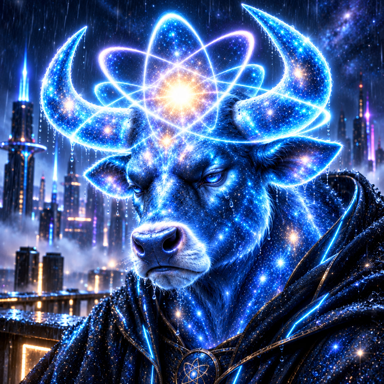 Cosmic blue bull with an atomic crown in a rainy futuristic city