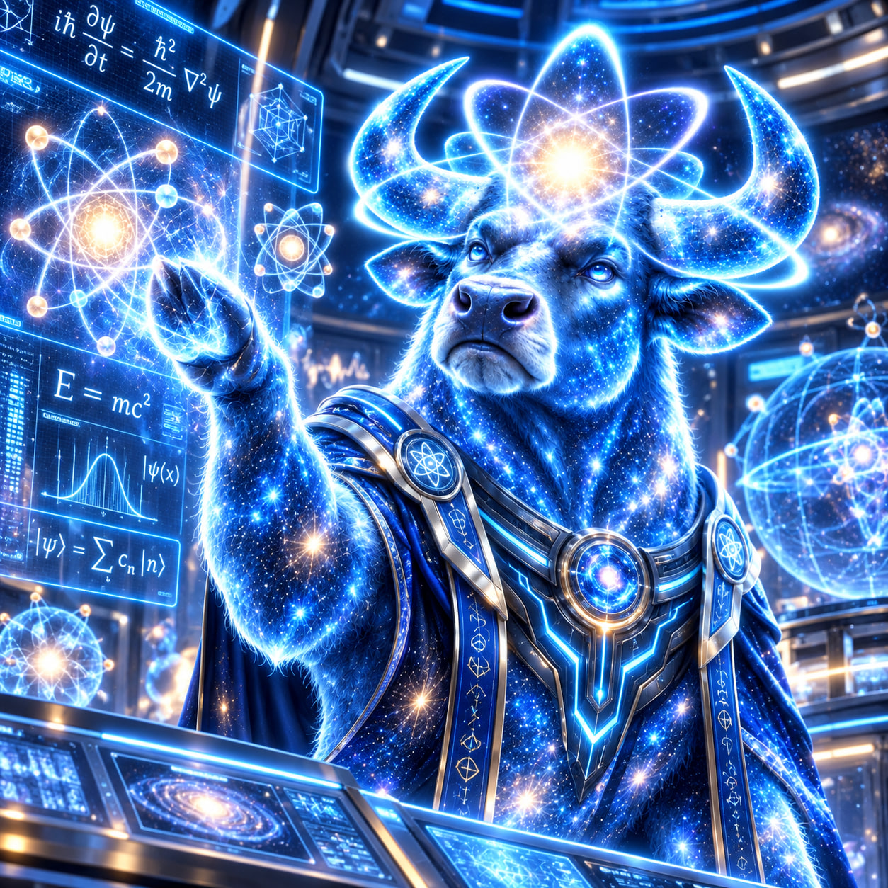 Quantum bull exploring holographic atomic displays in a futuristic laboratory